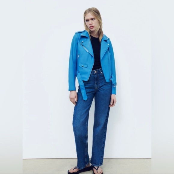 BNWT  Zara Faux Leather Blue Moto Jacket - Size Small - Picture 8 of 9